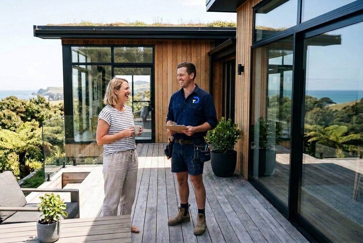 A trusted local tradie chatting with a homeowner at a modern New Zealand home