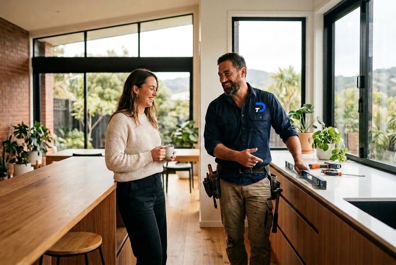 A tradie showing a homeowner completed quality work inside a modern home
