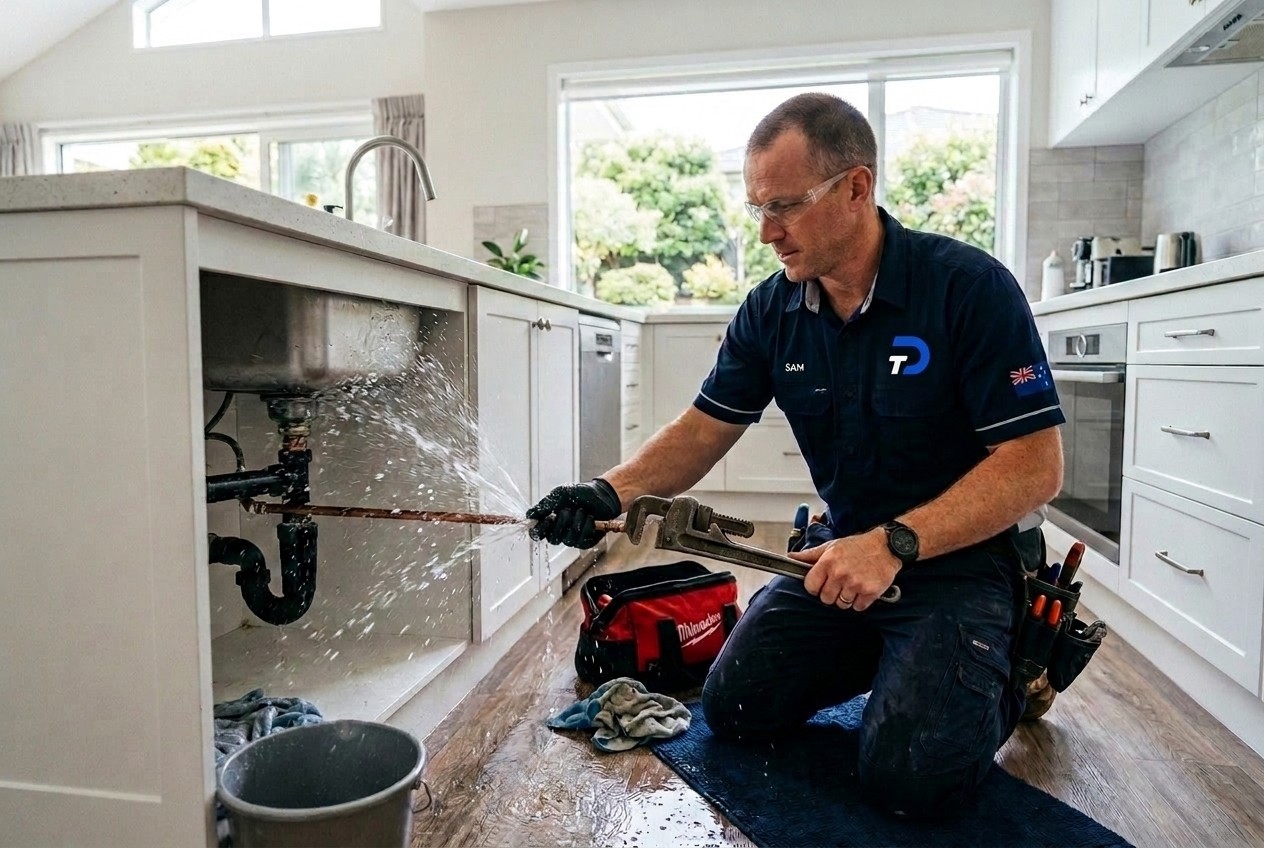 A professional plumber responding to a burst water pipe at a modern New Zealand home