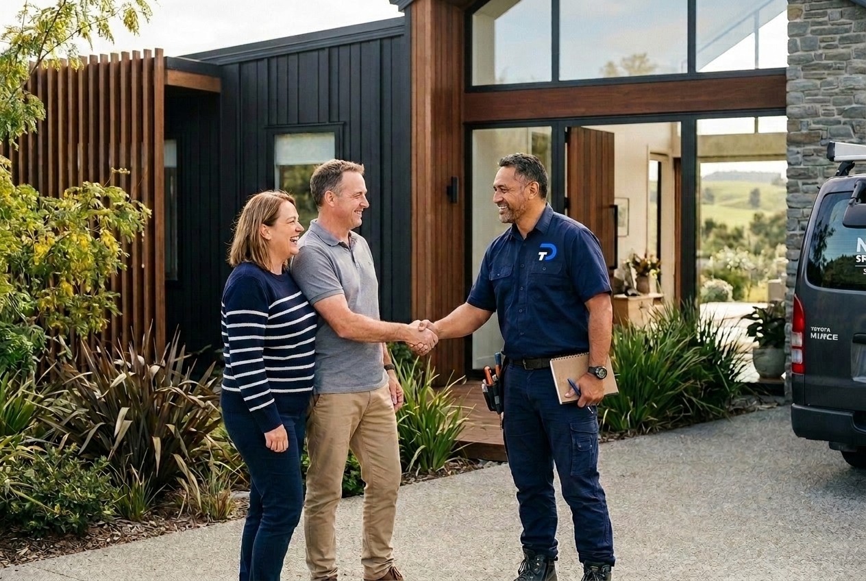 A homeowner meeting a trusted local tradie at a modern New Zealand home