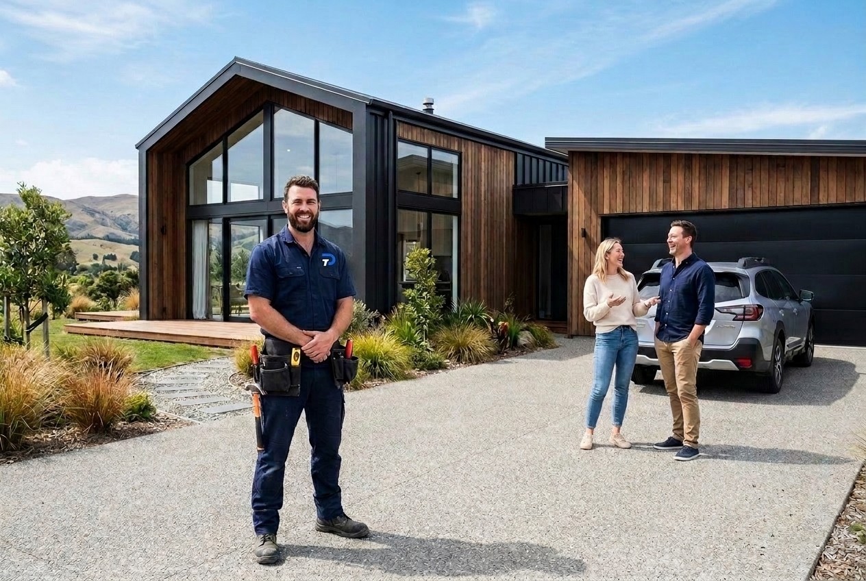 A professional local tradie with a homeowner couple outside a modern New Zealand home