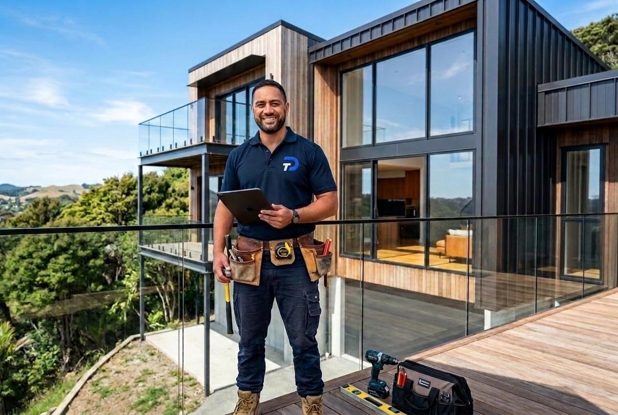 A professional New Zealand tradie at work at a modern residential property